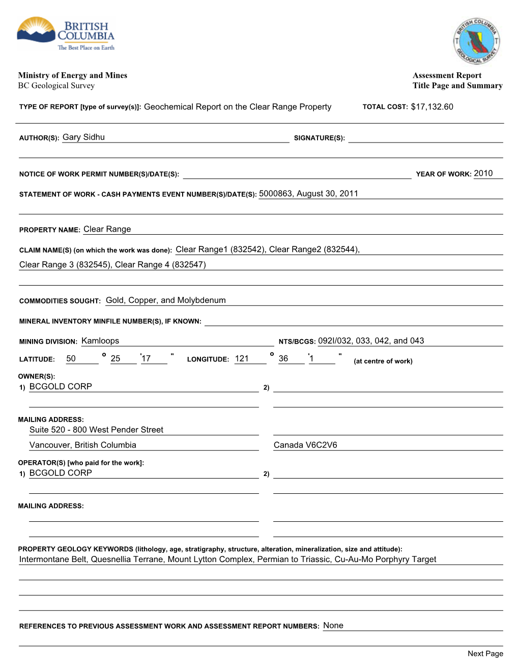 Geochemical Report on the Clear Range Propertytotal COST: $17,132.60