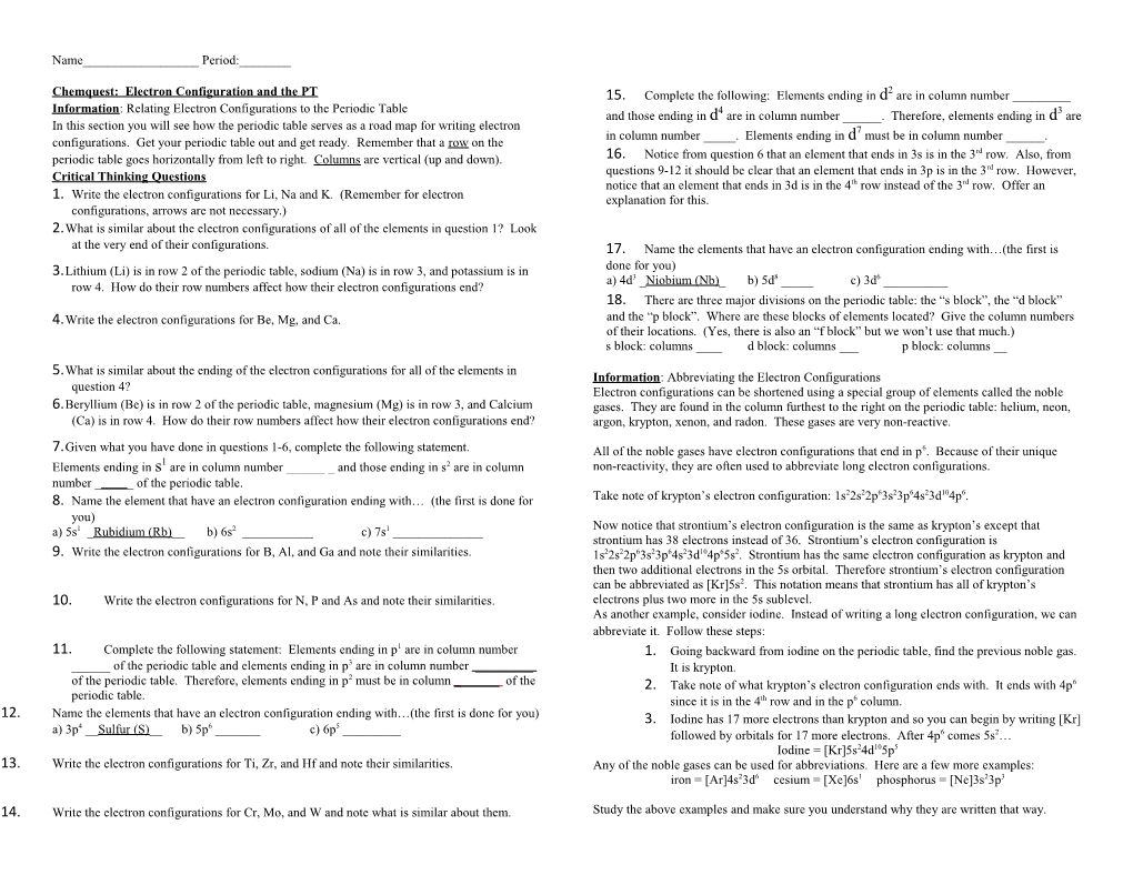 Chemquest: Electron Configuration and the PT