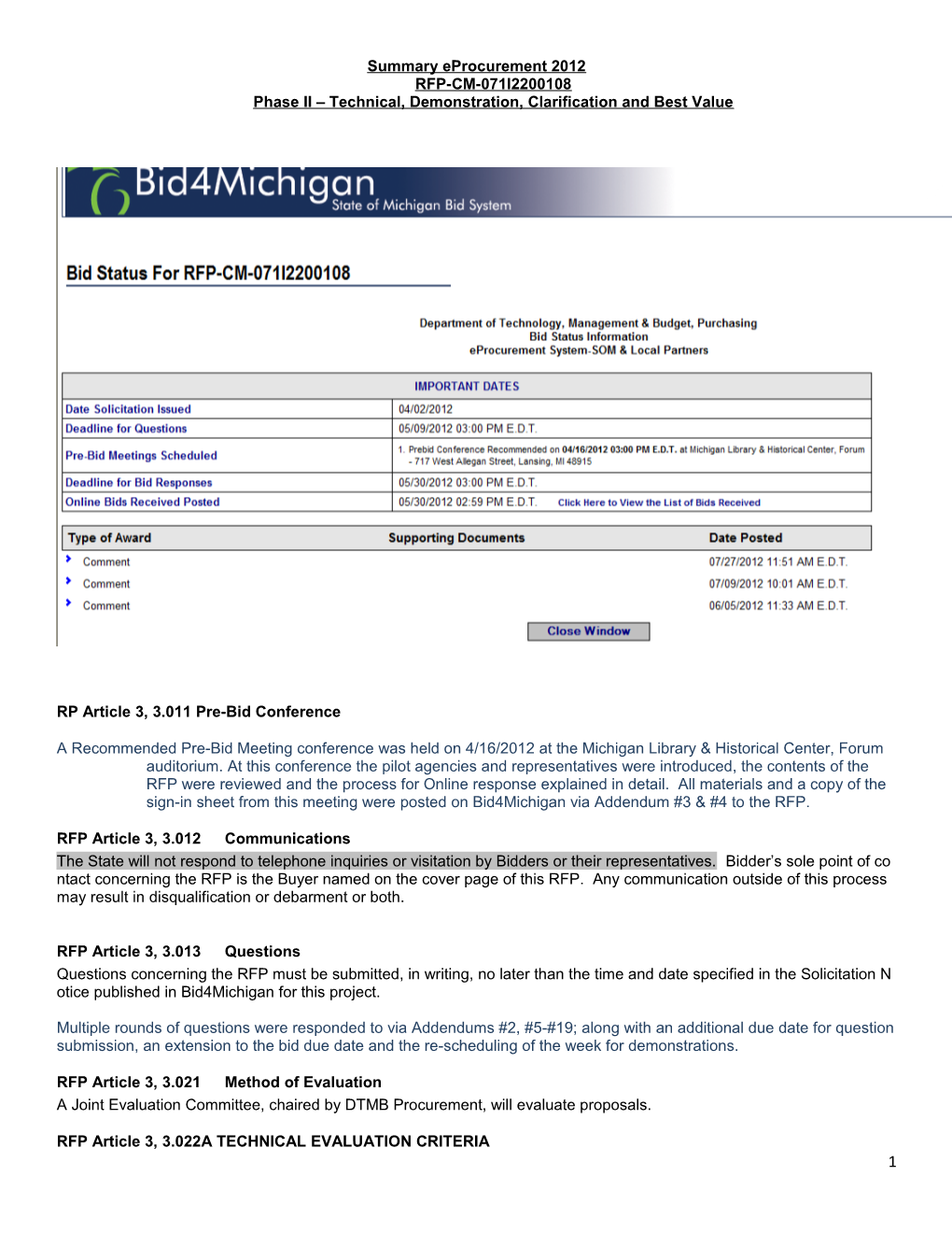 Summary Eprocurement 2012RFP-CM-071I2200108phase II Technical, Demonstration, Clarification