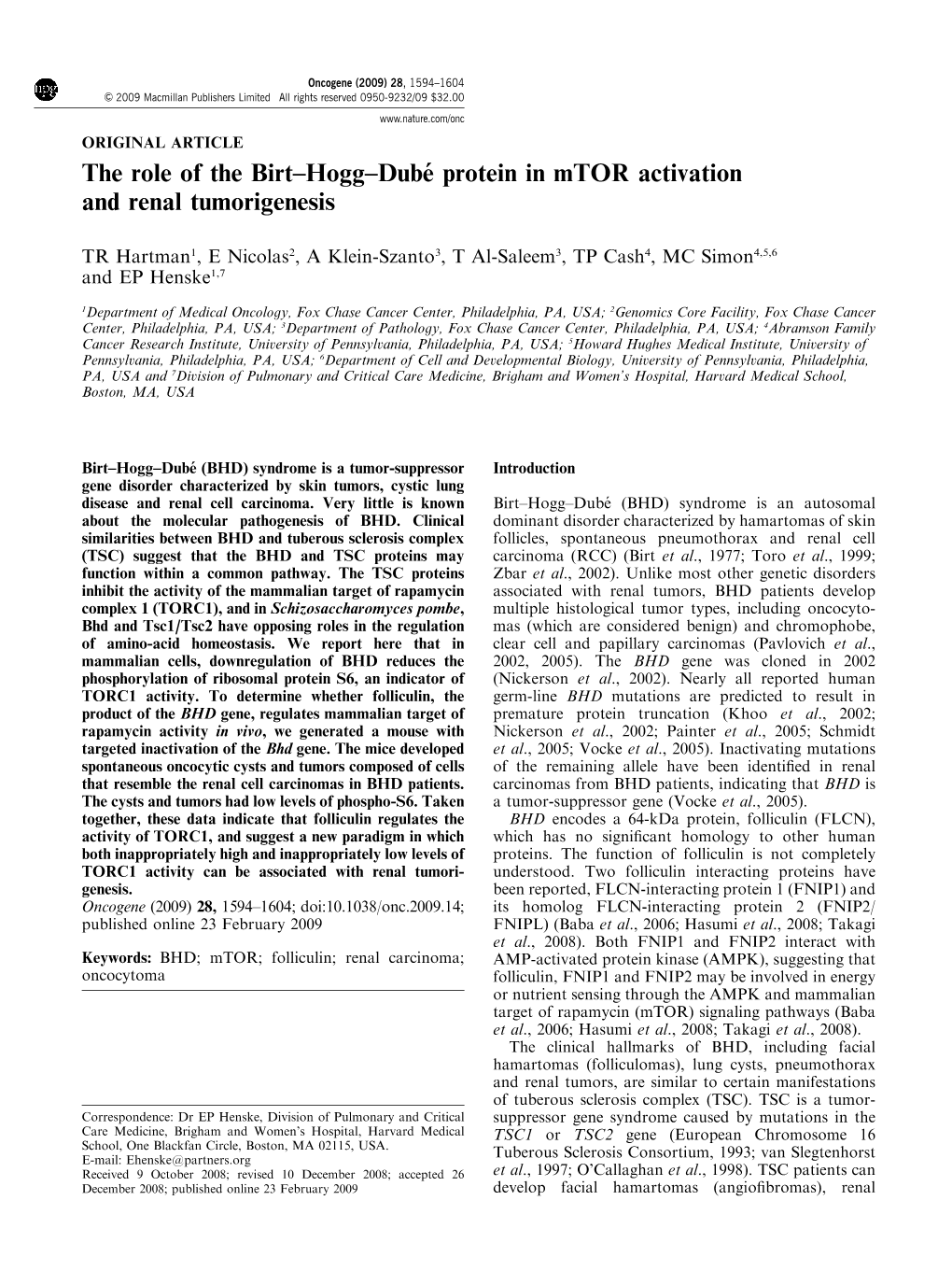 The Role of the Birt–Hogg–Dube´ Protein in Mtor Activation and Renal Tumorigenesis