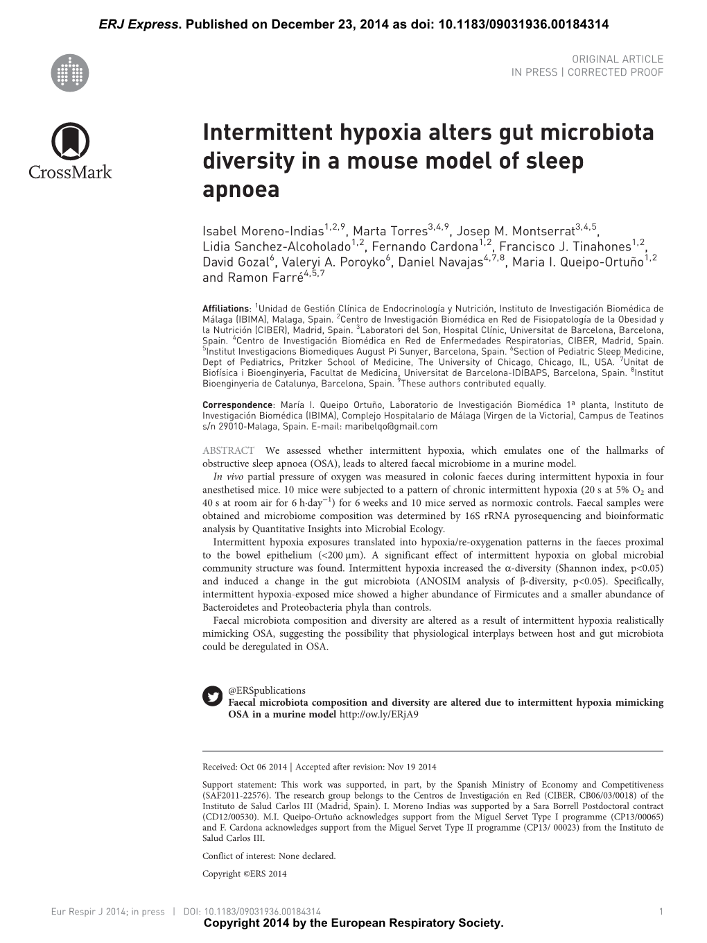 Intermittent Hypoxia Alters Gut Microbiota Diversity in a Mouse Model of Sleep Apnoea