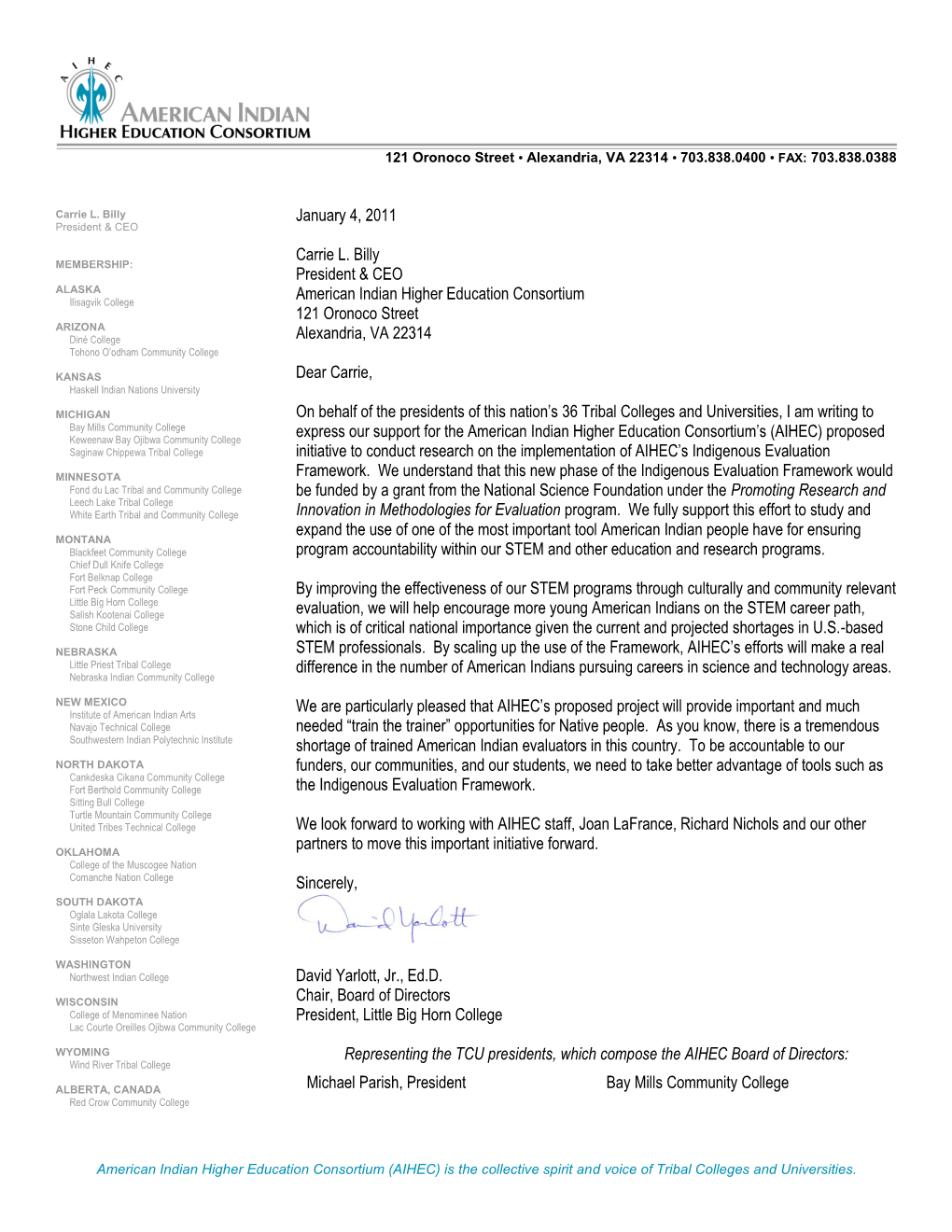 YARLOTT AIHEC Board Support Letter Jan 4 2011