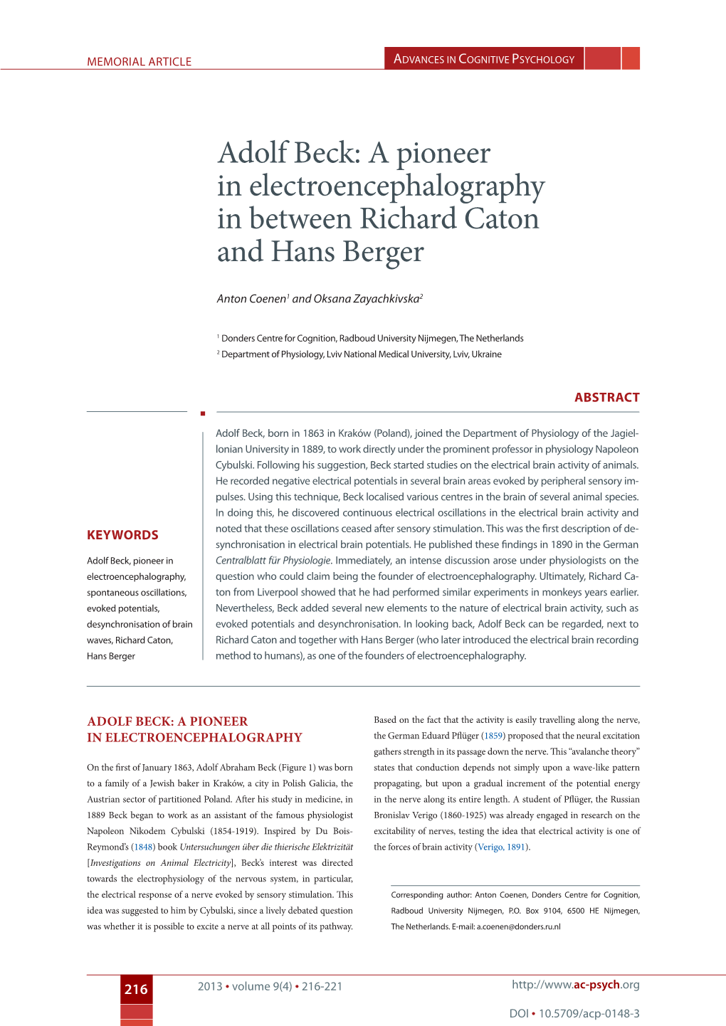 A Pioneer in Electroencephalography in Between Richard Caton and Hans Berger