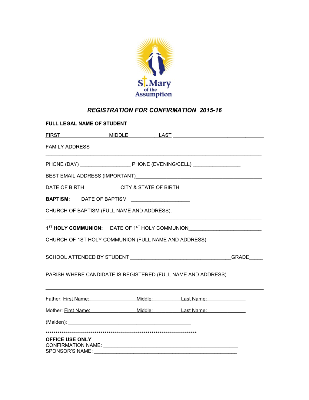 Registration for Confirmation 2015-16