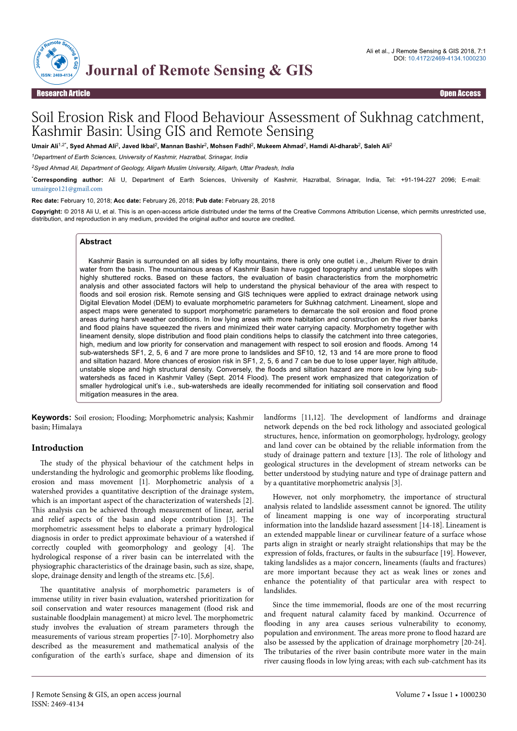 Soil Erosion Risk and Flood Behaviour Assessment of Sukhnag