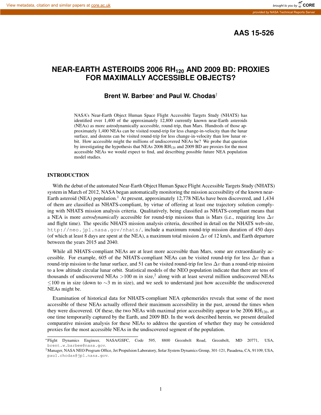 Aas 15-526 Near-Earth Asteroids 2006 Rh120 and 2009 Bd