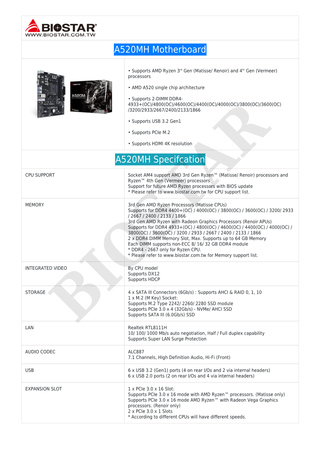 A520MH Motherboard A520MH Specifcation