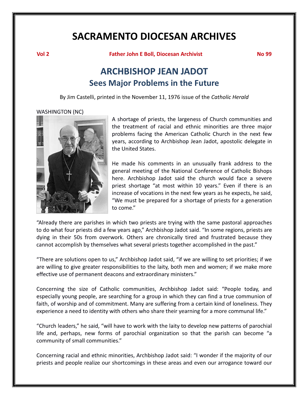 Vol 2, No 99 Archbishop Jadot Sees Major Problems in the Future