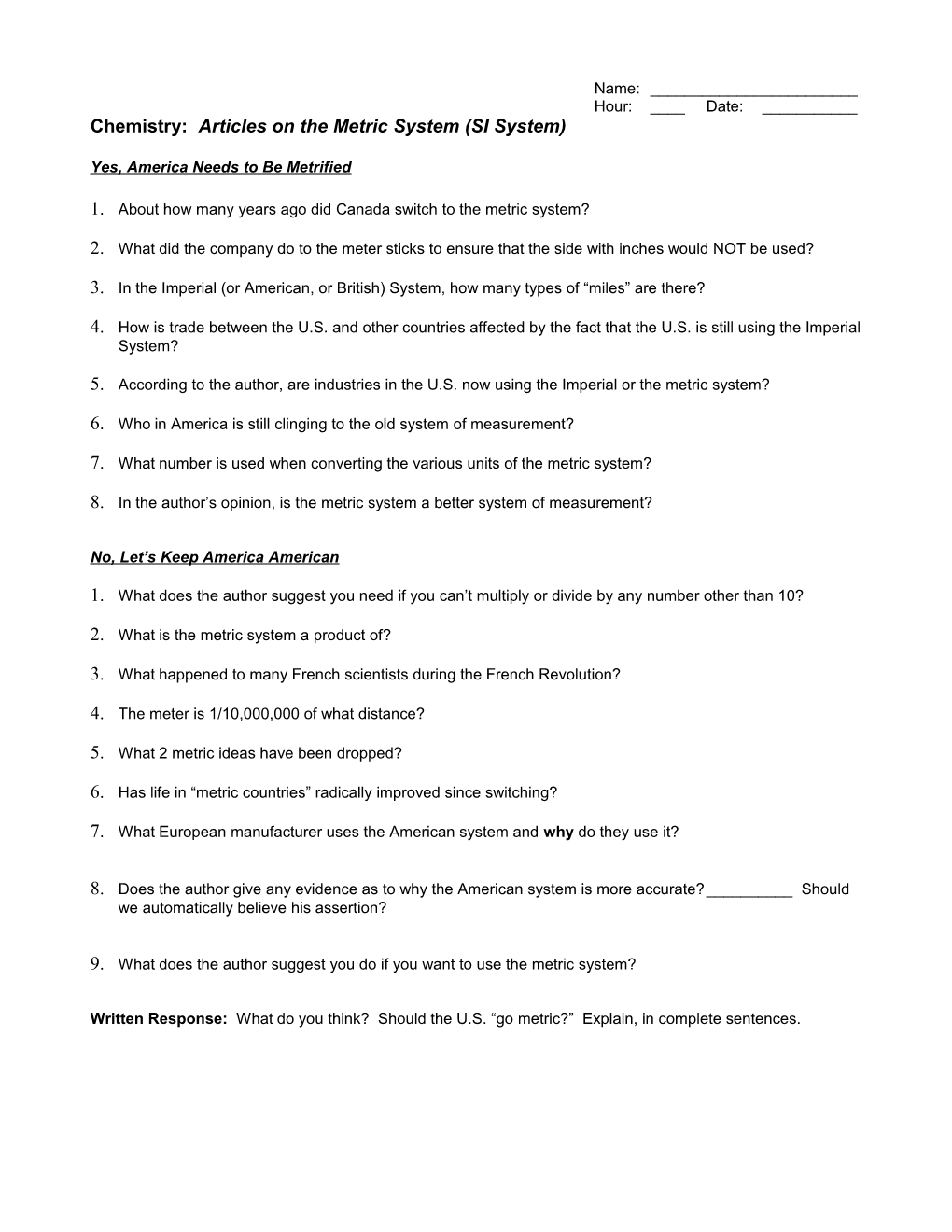 Chemistry: Articles on the Metric System (SI System)