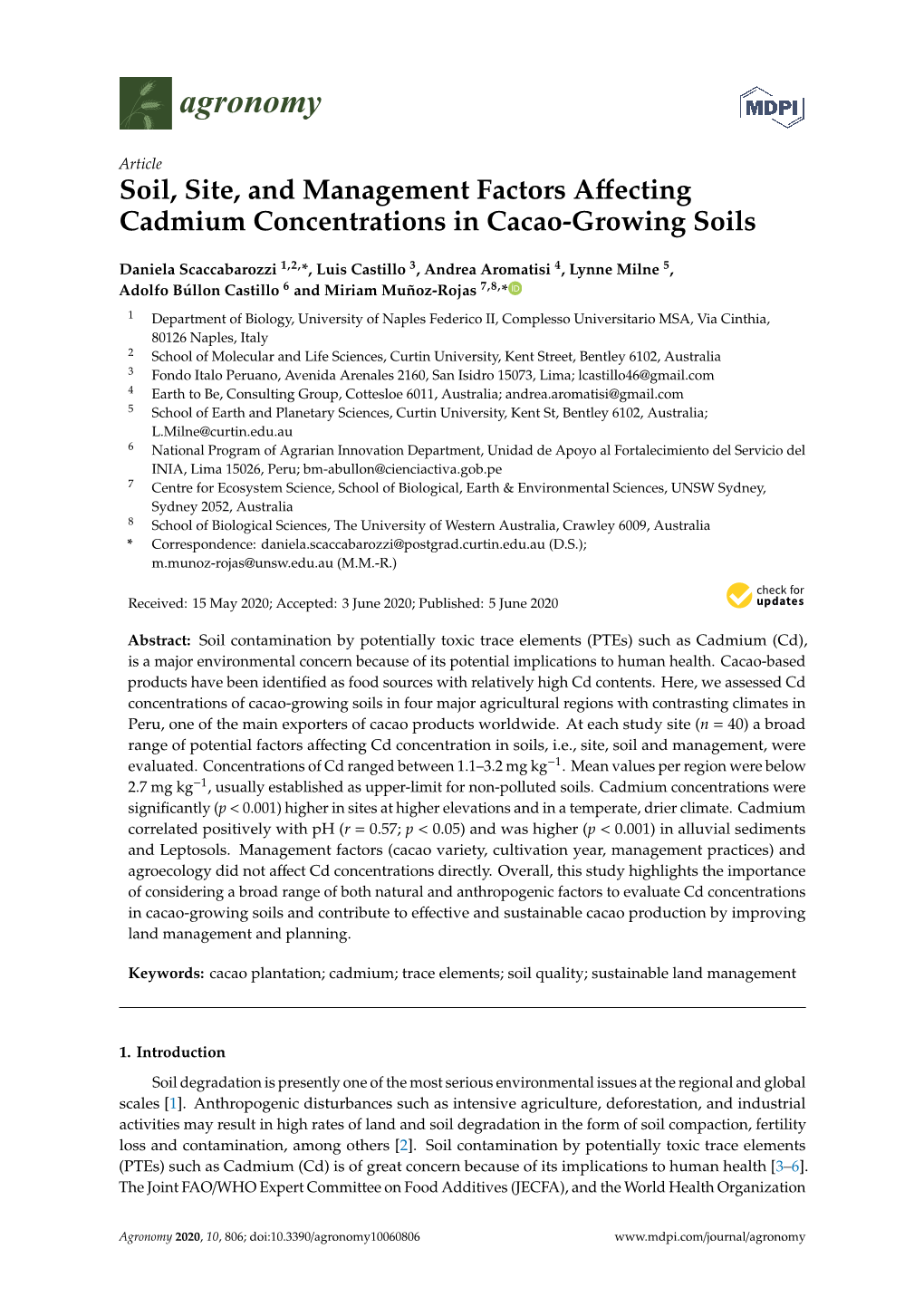 Soil, Site, and Management Factors Affecting Cadmium Concentrations in Cacao-Growing Soils