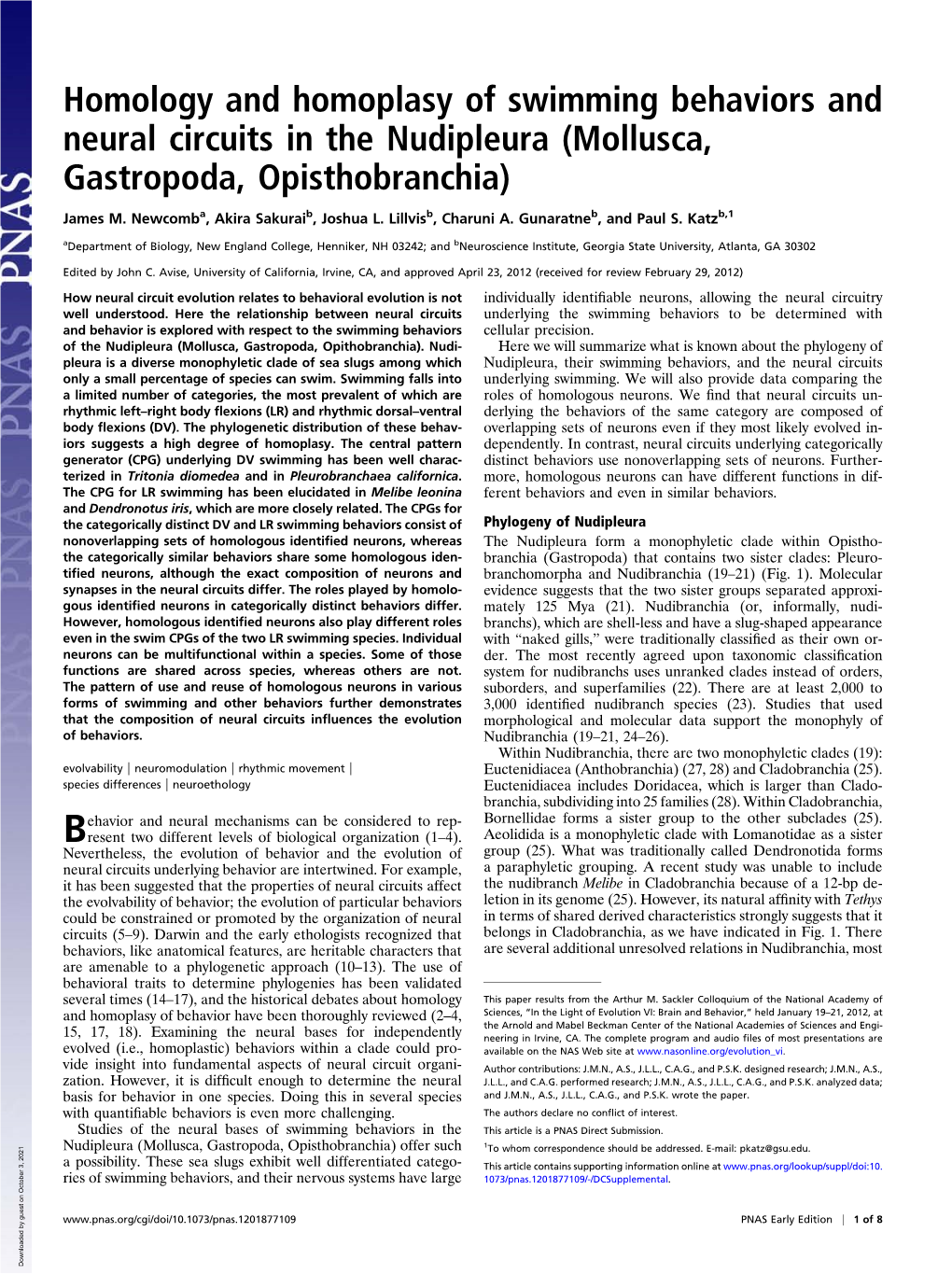 Homology and Homoplasy of Swimming Behaviors and Neural Circuits in the Nudipleura (Mollusca, Gastropoda, Opisthobranchia)