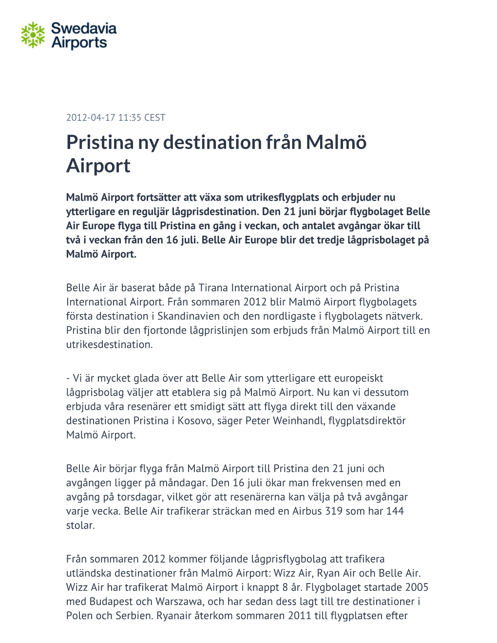 Pristina Ny Destination Från Malmö Airport