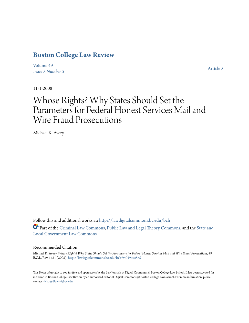 Why States Should Set the Parameters for Federal Honest Services Mail and Wire Fraud Prosecutions Michael K