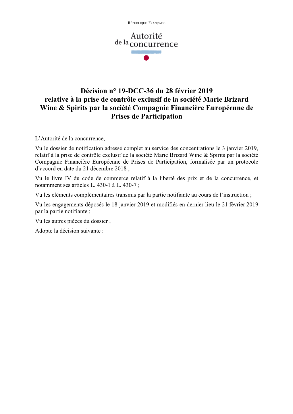 Décision N° 19-DCC-36 Du 28 Février 2019 Relative À La Prise De Contrôle