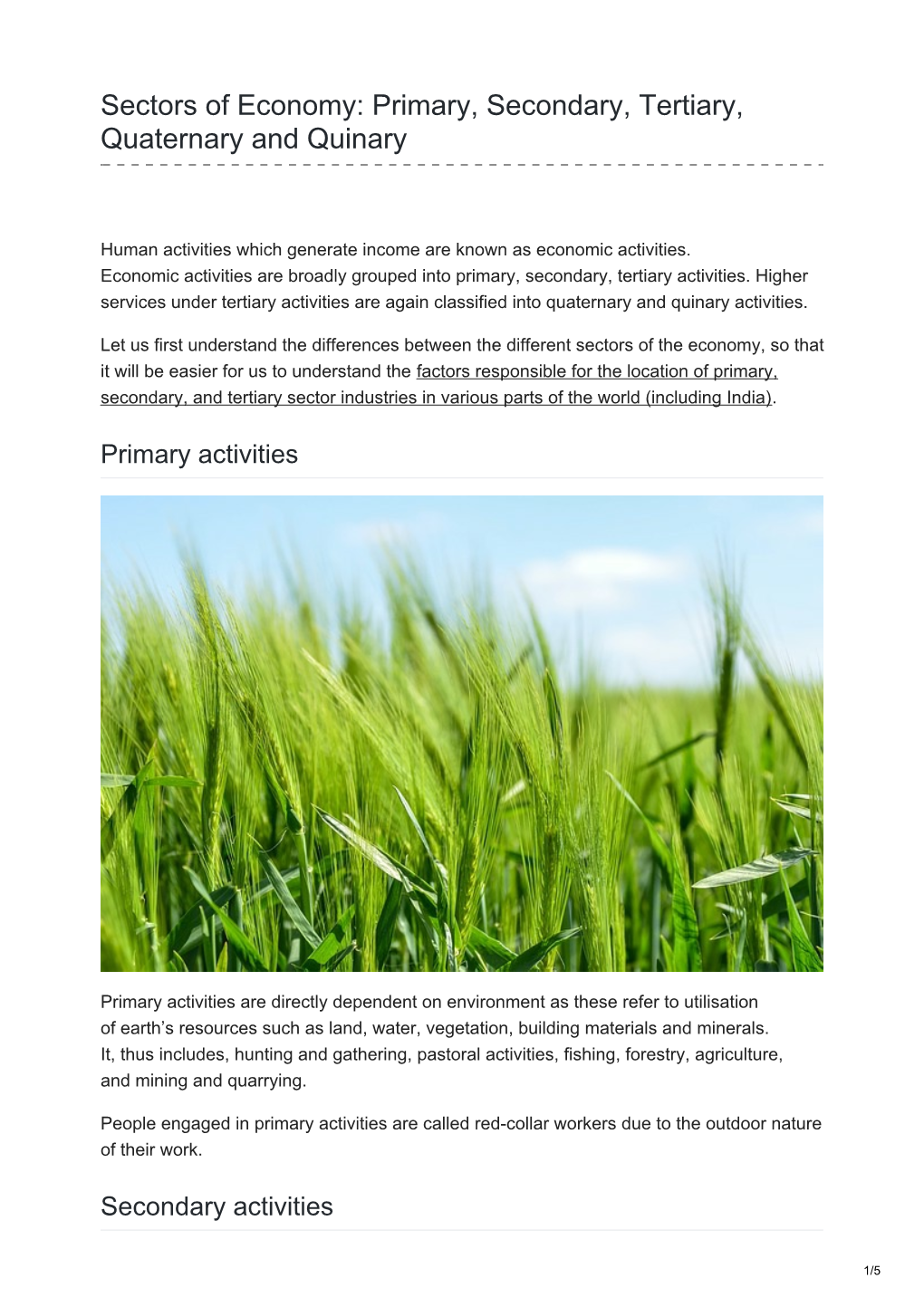 Sectors of Economy: Primary, Secondary, Tertiary, Quaternary and Quinary