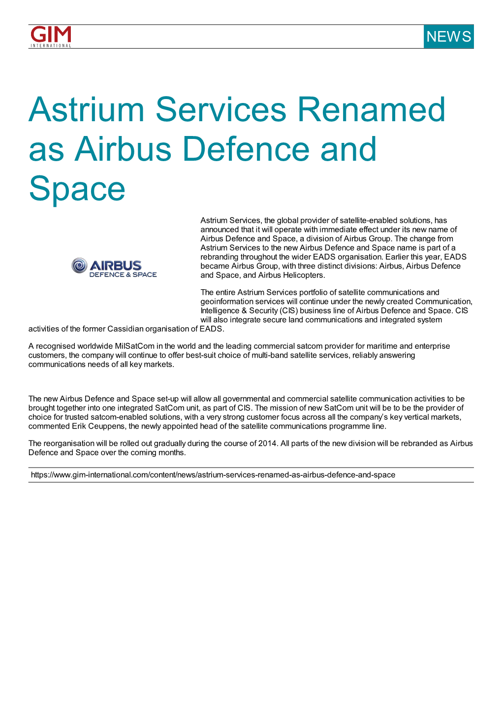 Astrium Services Renamed As Airbus Defence and Space