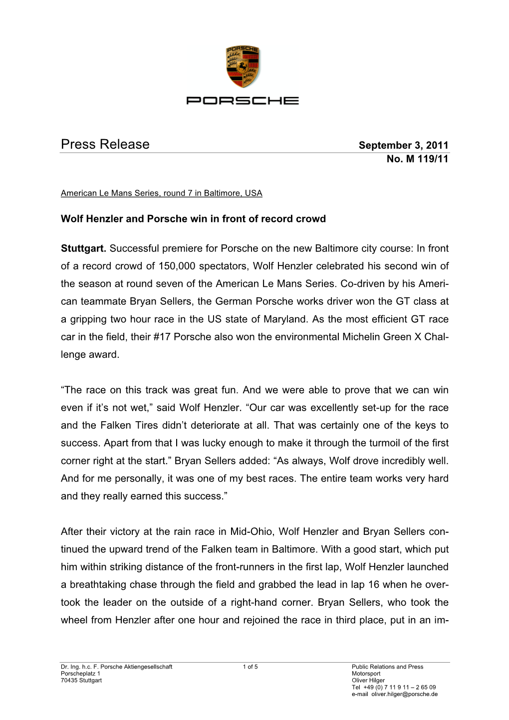 Press Release September 3, 2011 No