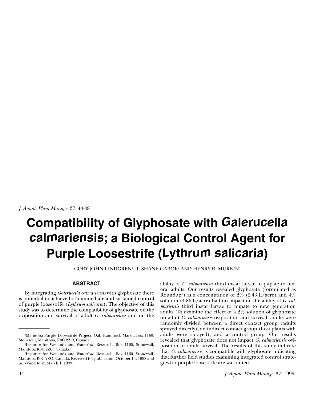 Compatibility of Glyphosate with Galerucella Calmariensis; a Biological Control Agent for Purple Loosestrife (Lythrum Salicaria)
