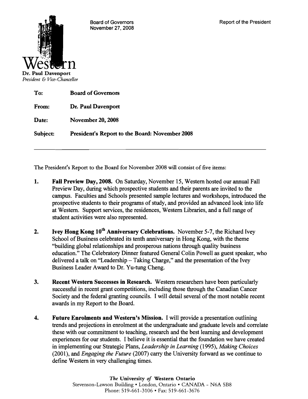 President's Report to the Board: November 2008