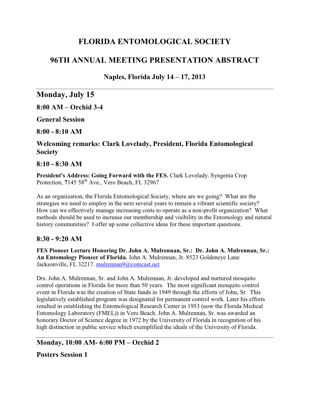 Florida Entomological Society 96Th Annual Meeting