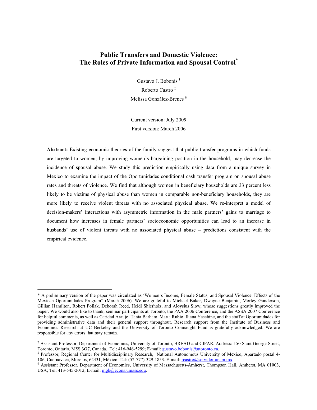 Public Transfers and Domestic Violence: the Roles of Private Information and Spousal Control*