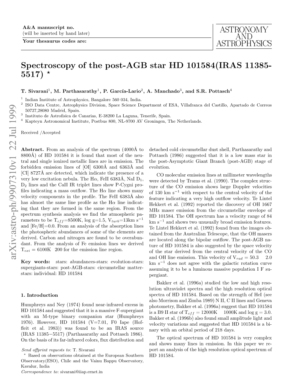 Spectroscopy of the Post-AGB Star HD 101584 (IRAS 11385-5517)