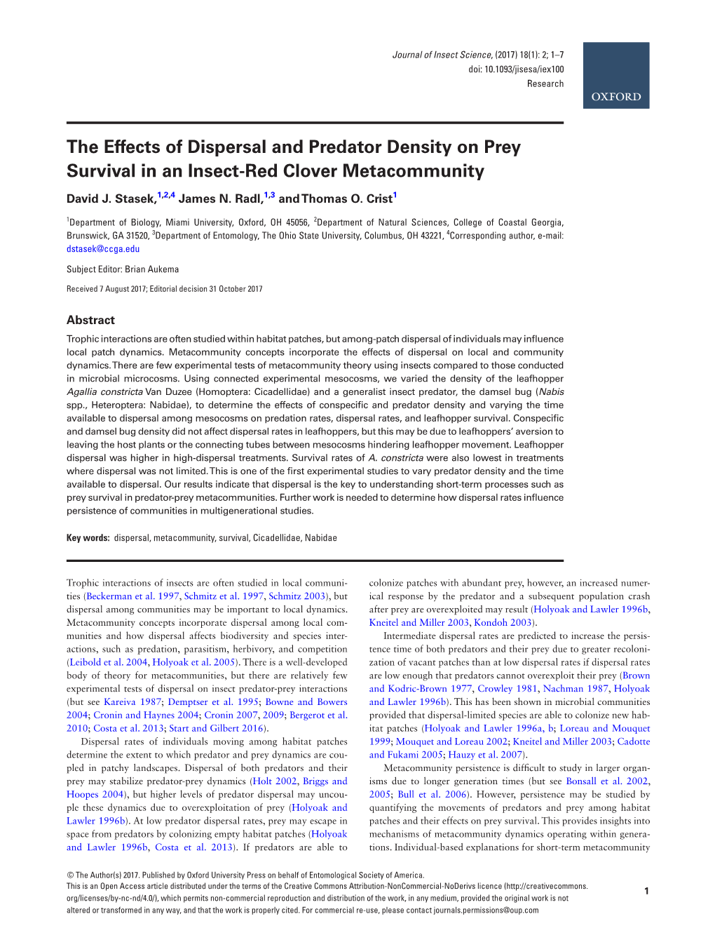 The Effects of Dispersal and Predator Density on Prey Survival in an Insect-Red Clover Metacommunity