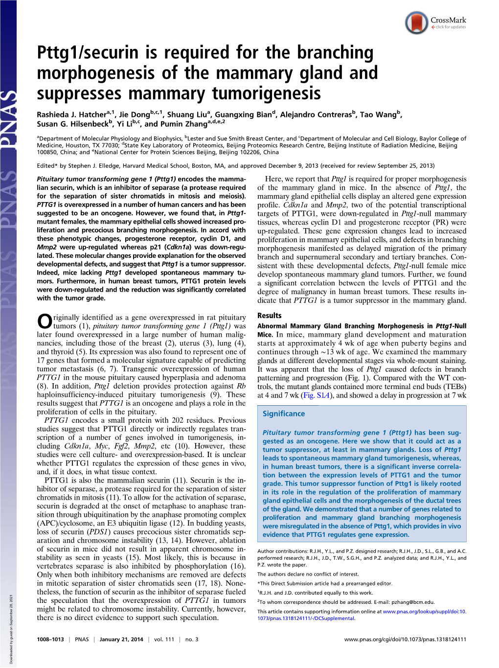 Pttg1/Securin Is Required for the Branching Morphogenesis of the Mammary Gland and Suppresses Mammary Tumorigenesis