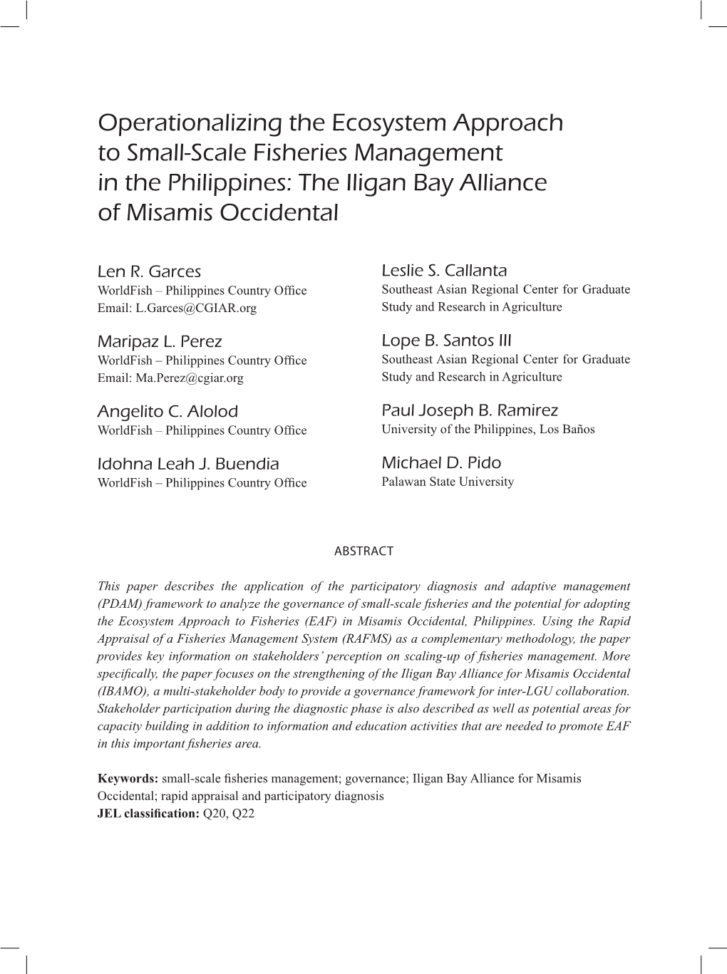 Operationalizing the Ecosystem Approach to Small-Scale Fisheries Management in the Philippines: the Iligan Bay Alliance of Misamis Occidental