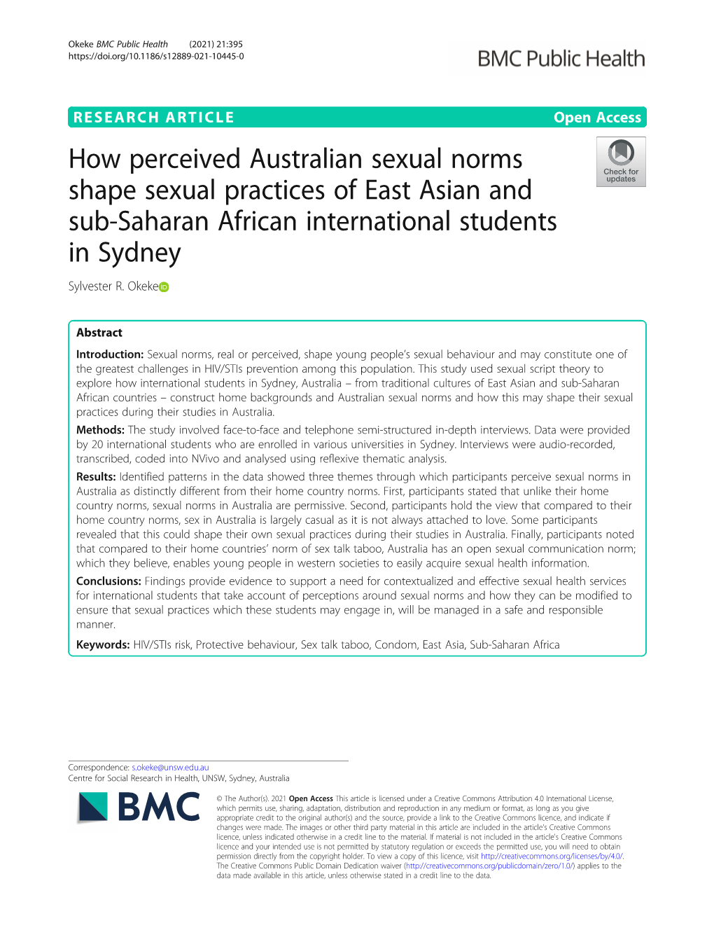 How Perceived Australian Sexual Norms Shape Sexual Practices of East Asian and Sub-Saharan African International Students in Sydney Sylvester R