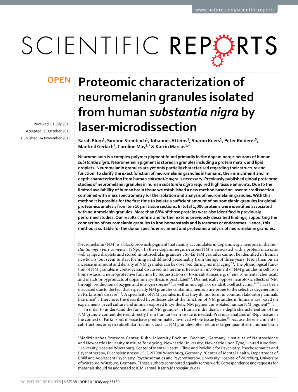 Proteomic Characterization of Neuromelanin Granules Isolated