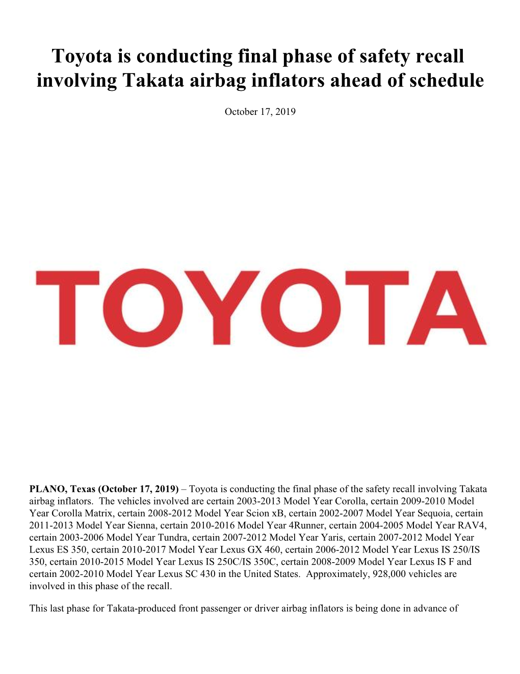 Toyota Is Conducting Final Phase of Safety Recall Involving Takata Airbag Inflators Ahead of Schedule