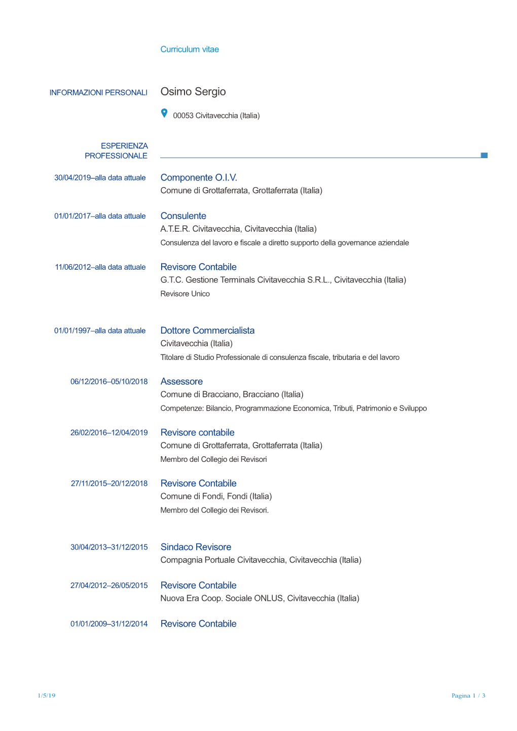 Curriculum Vitae Comune Di Grottaferrata, Grottaferrata (Italia