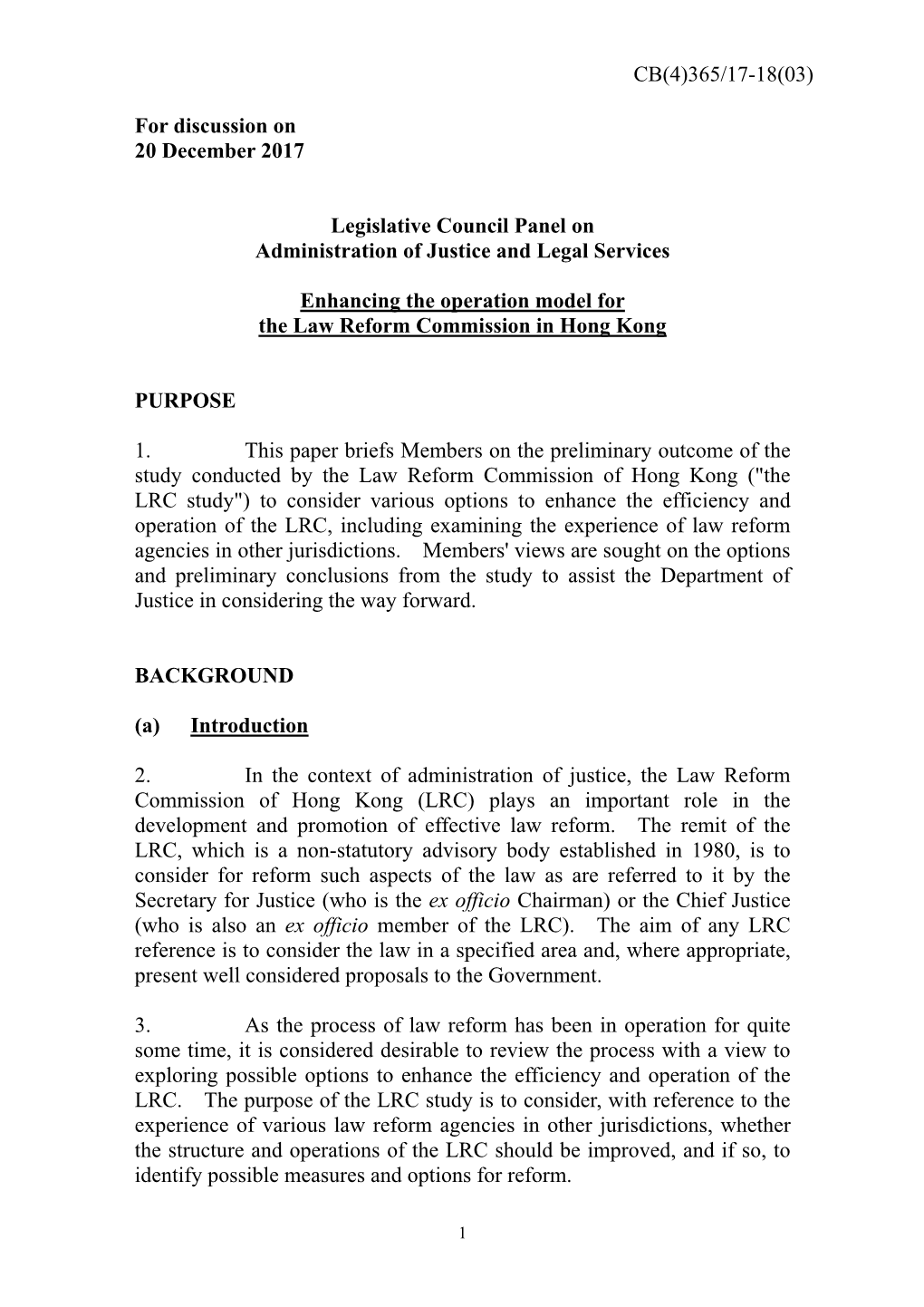 Administration's Paper for the Legislative Council Panel On
