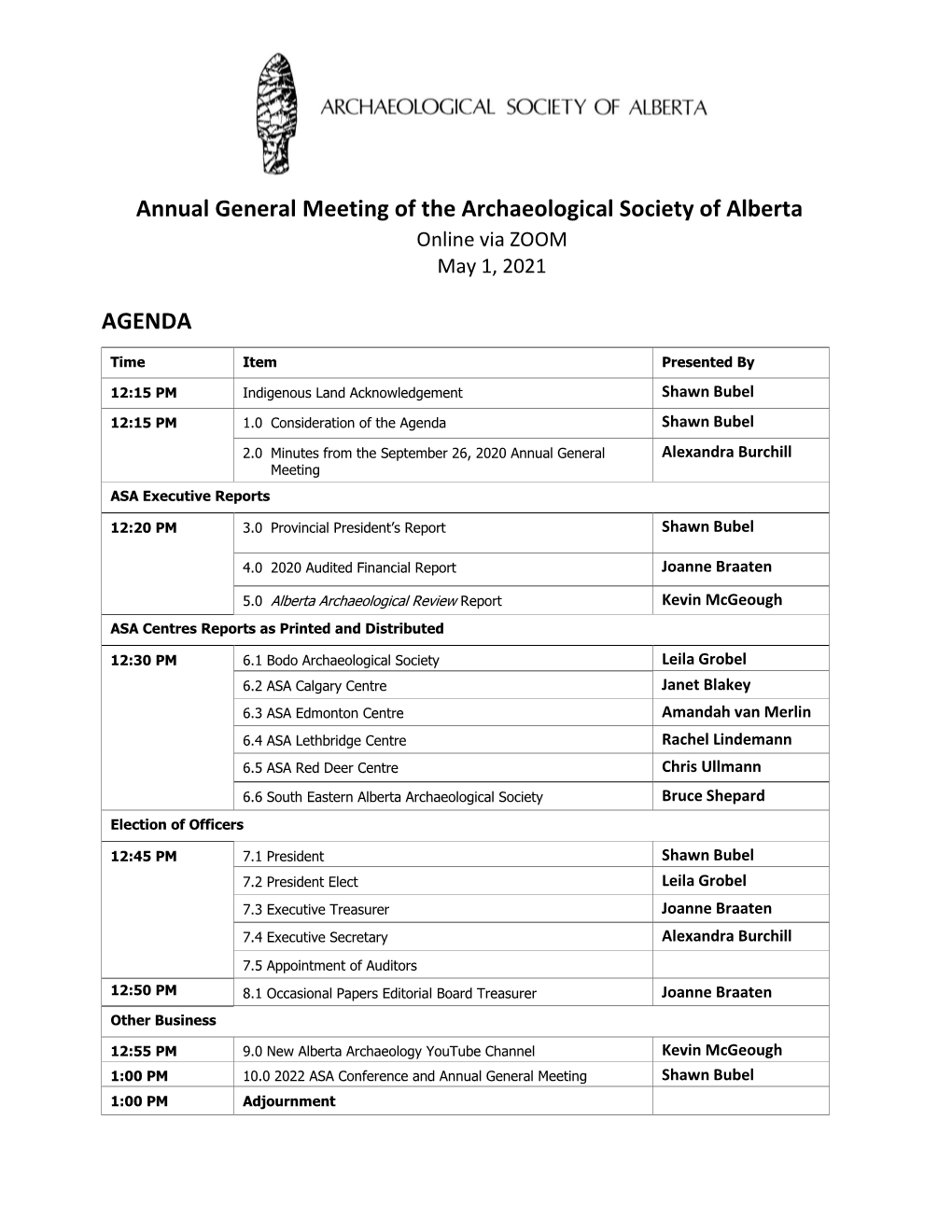 Annual General Meeting of the Archaeological Society of Alberta Online Via ZOOM May 1, 2021