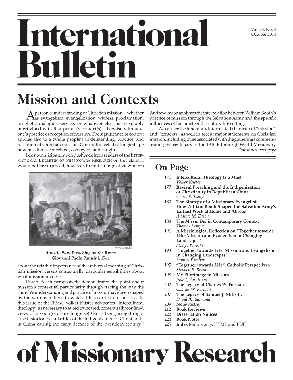 International Bulletin of Missionary Research, Vol 38, No. 4