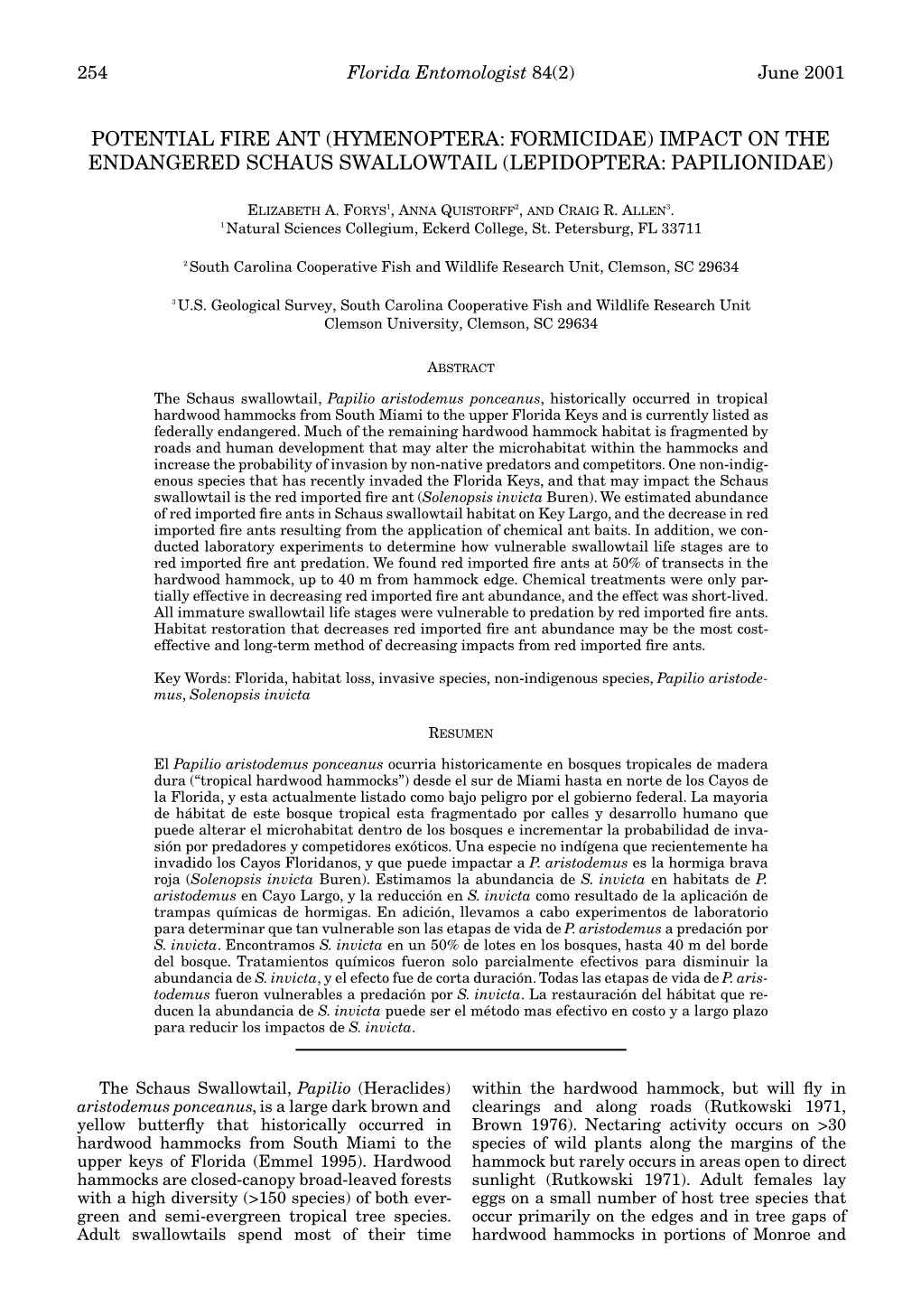 Potential Fire Ant (Hymenoptera: Formicidae) Impact on the Endangered Schaus Swallowtail (Lepidoptera: Papilionidae)