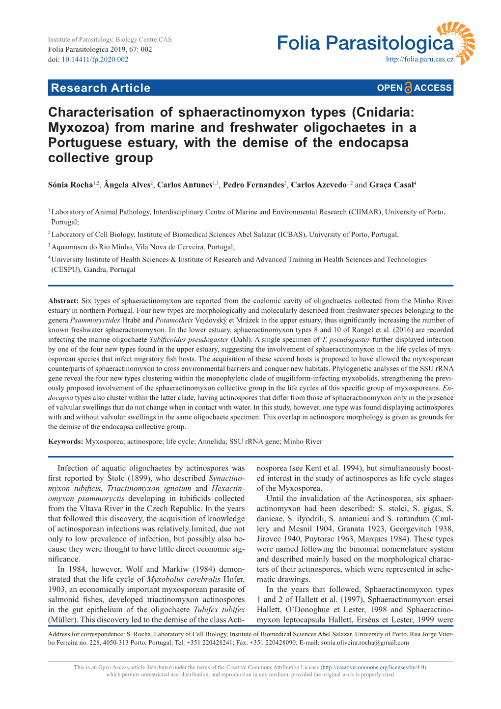 Characterisation of Sphaeractinomyxon Types (Cnidaria: Myxozoa) from Marine and Freshwater Oligochaetes in a Portuguese Estuary