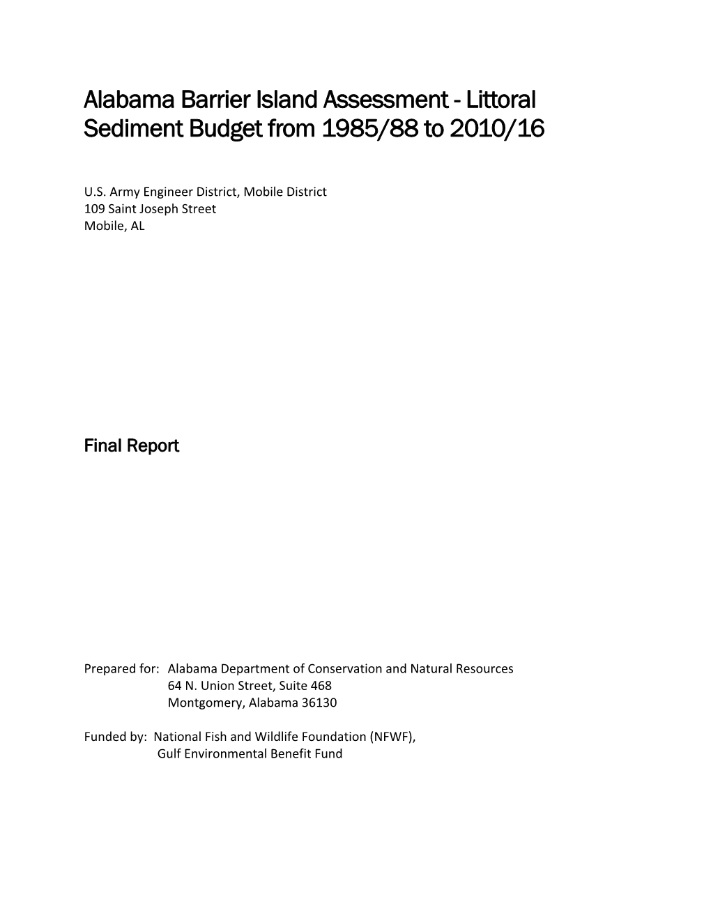 Alabama Barrier Island Assessment - Littoral Sediment Budget from 1985/88 to 2010/16