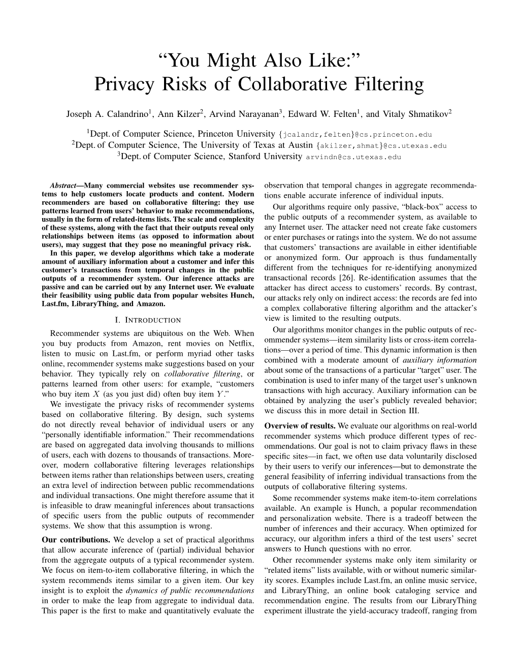 “You Might Also Like:” Privacy Risks of Collaborative Filtering