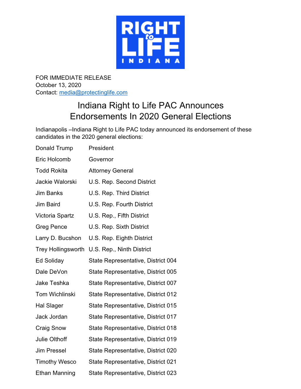 Indiana Right to Life PAC Announces Endorsements in 2020 General