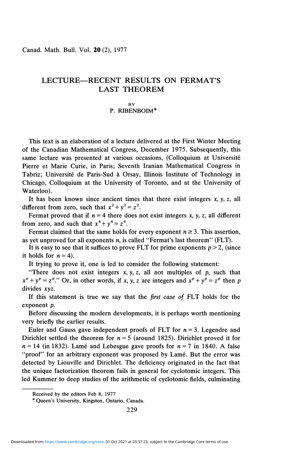 Lecture—Recent Results on Fermat's Last Theorem