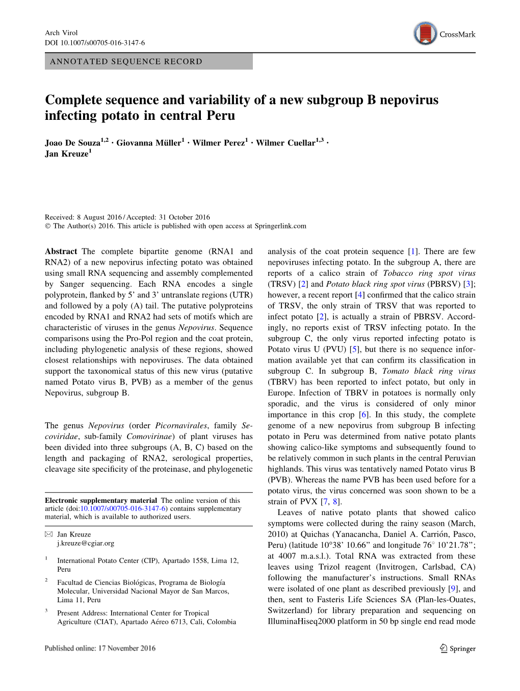 Complete Sequence and Variability of a New Subgroup B Nepovirus Infecting Potato in Central Peru