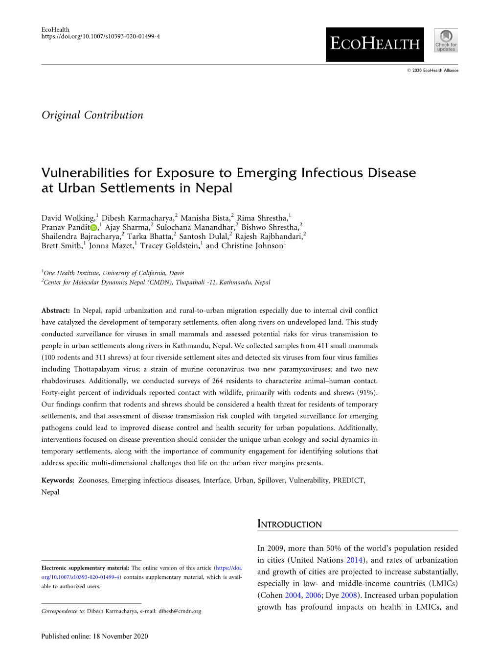 Vulnerabilities for Exposure to Emerging Infectious Disease at Urban Settlements in Nepal