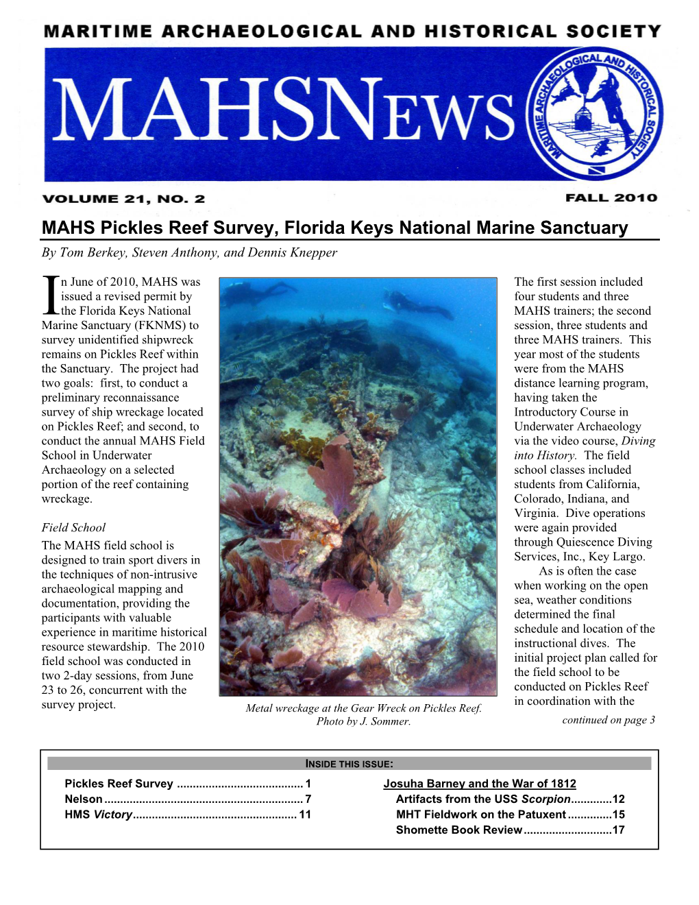 MAHS Pickles Reef Survey, Florida Keys National Marine Sanctuary by Tom Berkey, Steven Anthony, and Dennis Knepper