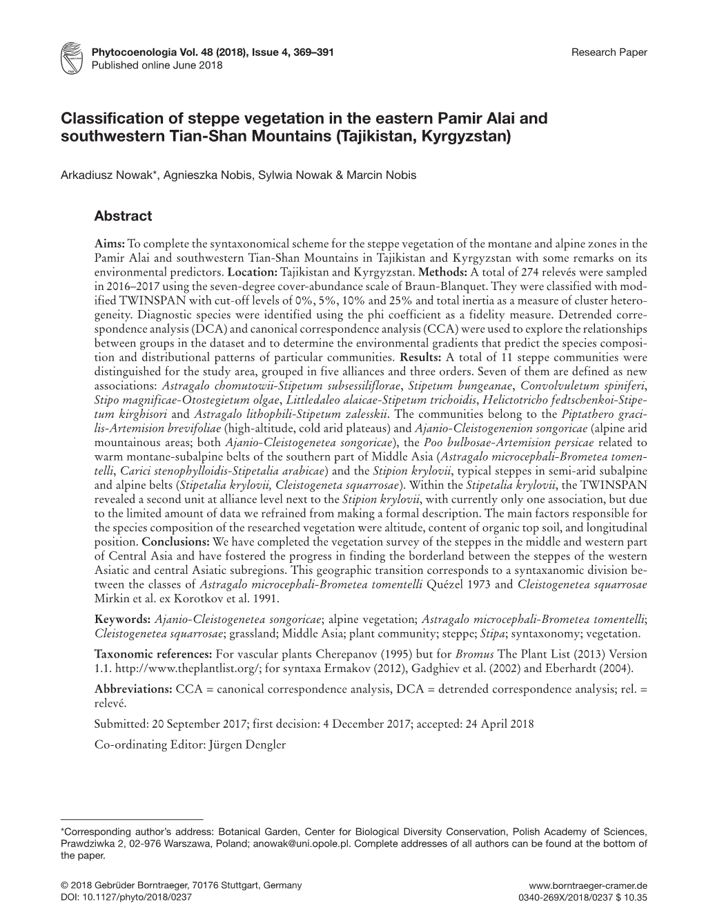 Classification of Steppe Vegetation in the Eastern Pamir Alai and Southwestern Tian-Shan Mountains (Tajikistan, Kyrgyzstan)