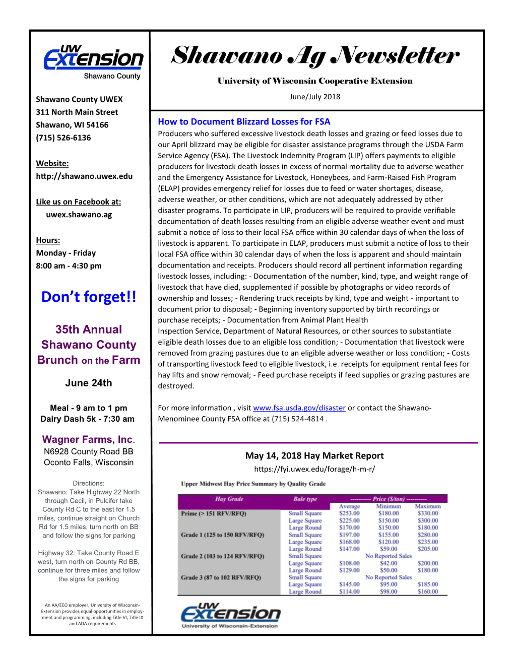 Shawano Ag Newsletter University of Wisconsin Cooperative Extension
