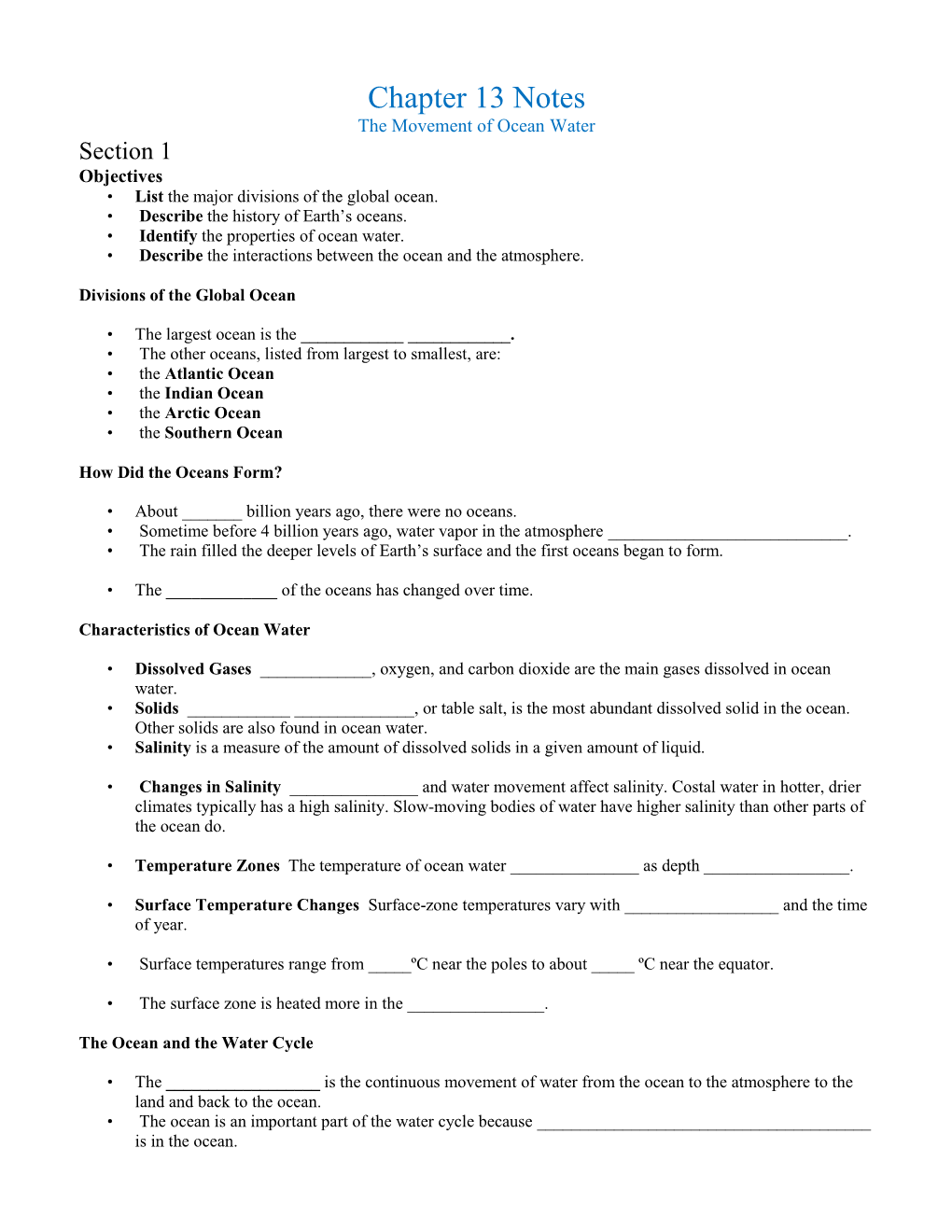 Chapter 13 Notes the Movement of Ocean Water Section 1 Objectives • List the Major Divisions of the Global Ocean