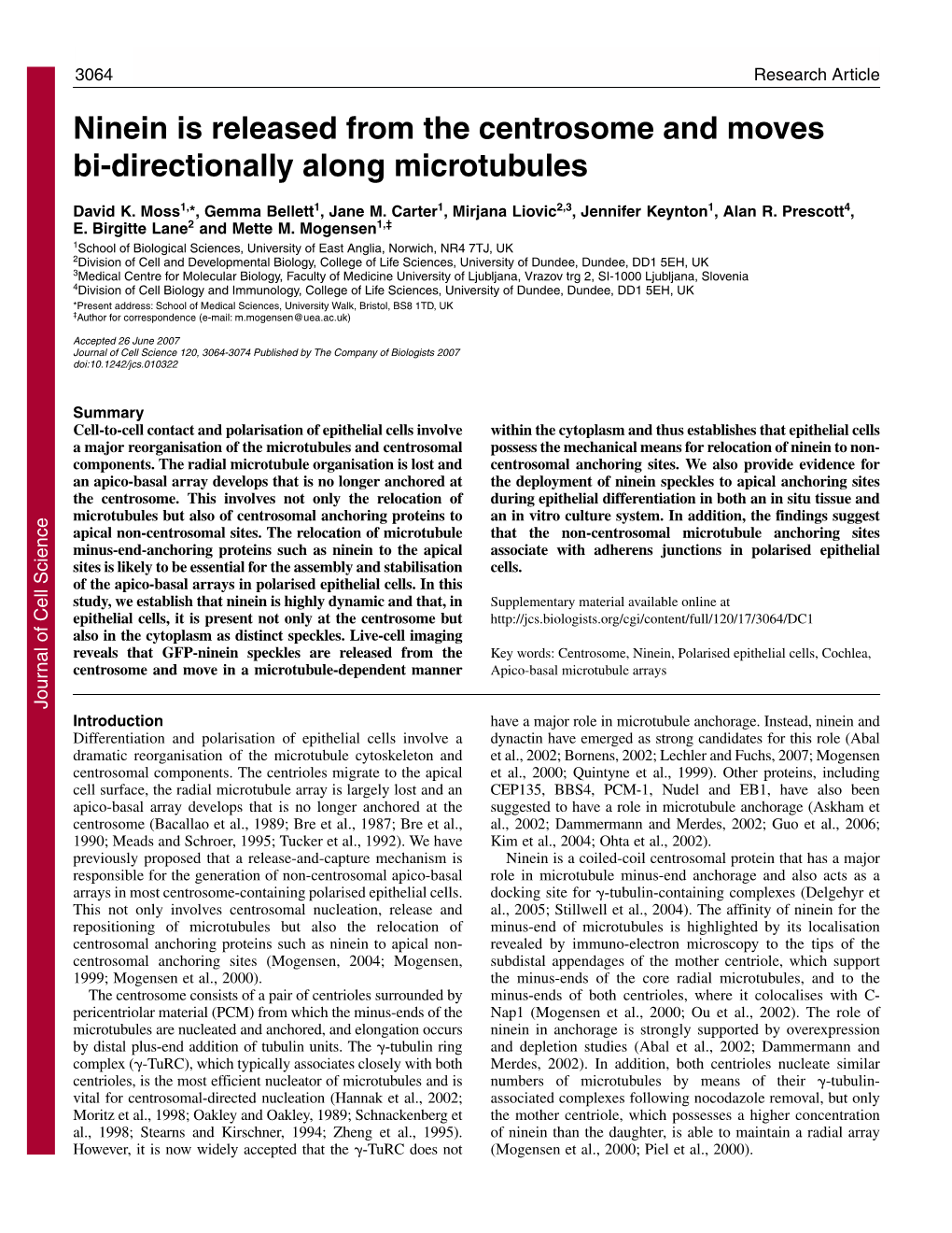 Ninein Is Released from the Centrosome and Moves Bi-Directionally Along Microtubules