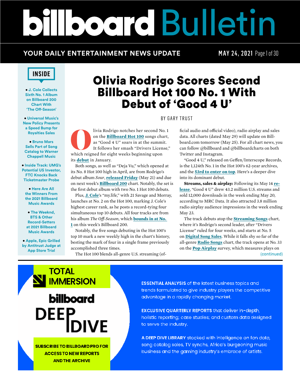 Olivia Rodrigo Scores Second Billboard Hot 100 No. 1 with Debut Of